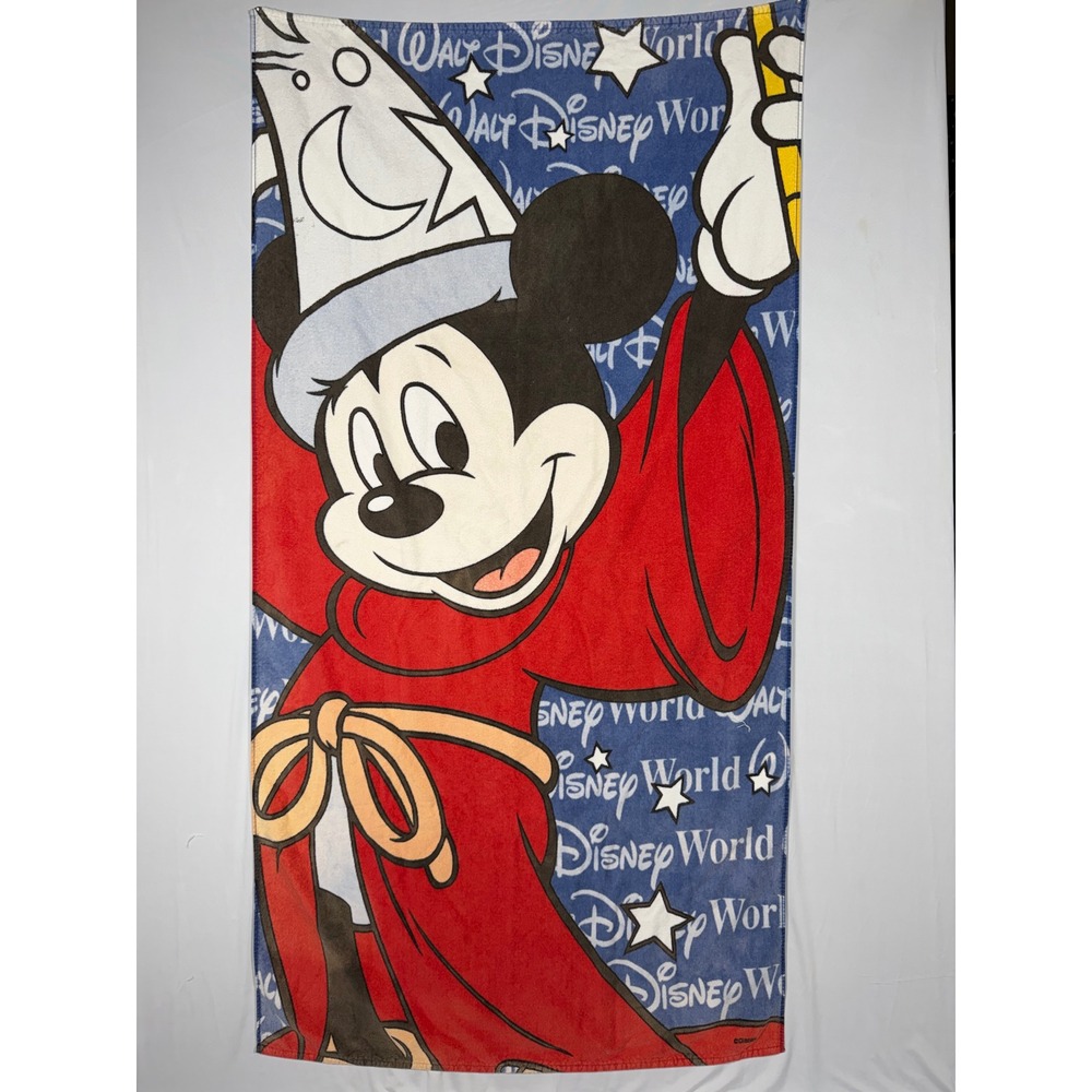 Vtg 90s Walt Disney World Sorcerer Mickey Mouse Beach Towel Fantasia Wizard Star